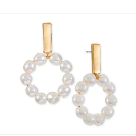 Alfani Gold-Tone Imitation Pearl Beaded Doorknocker Drop Earrings - Picture 4 of 5